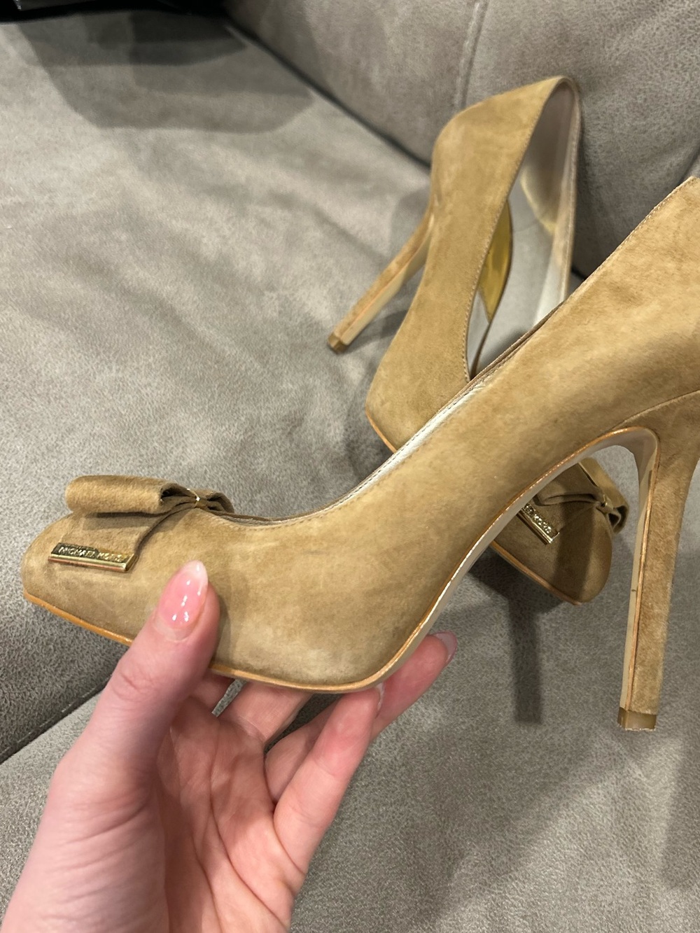 MICHAEL Michael Kors Tan Suede Bow Pump with Gold Detail
